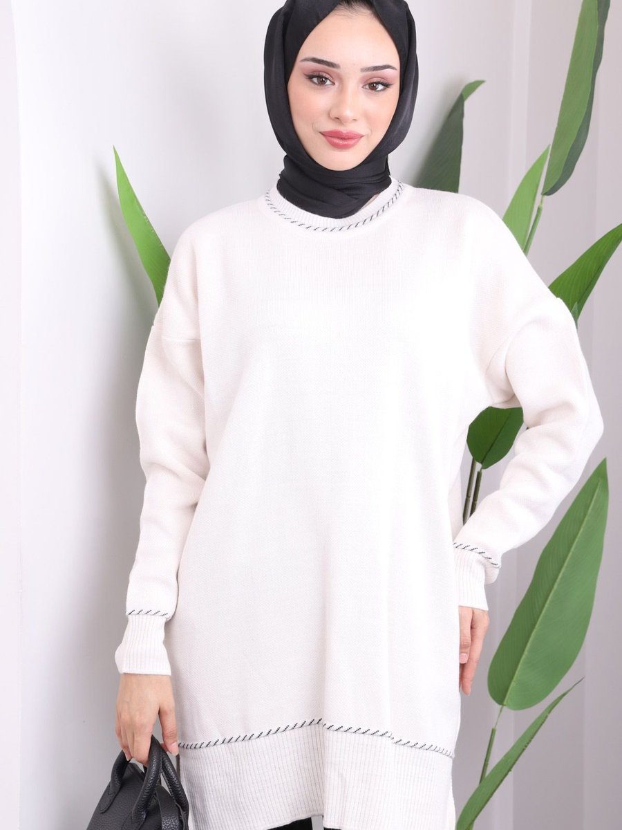 İmajbutik Krem Bisiklet Yaka İnce Örgü Triko Tunik