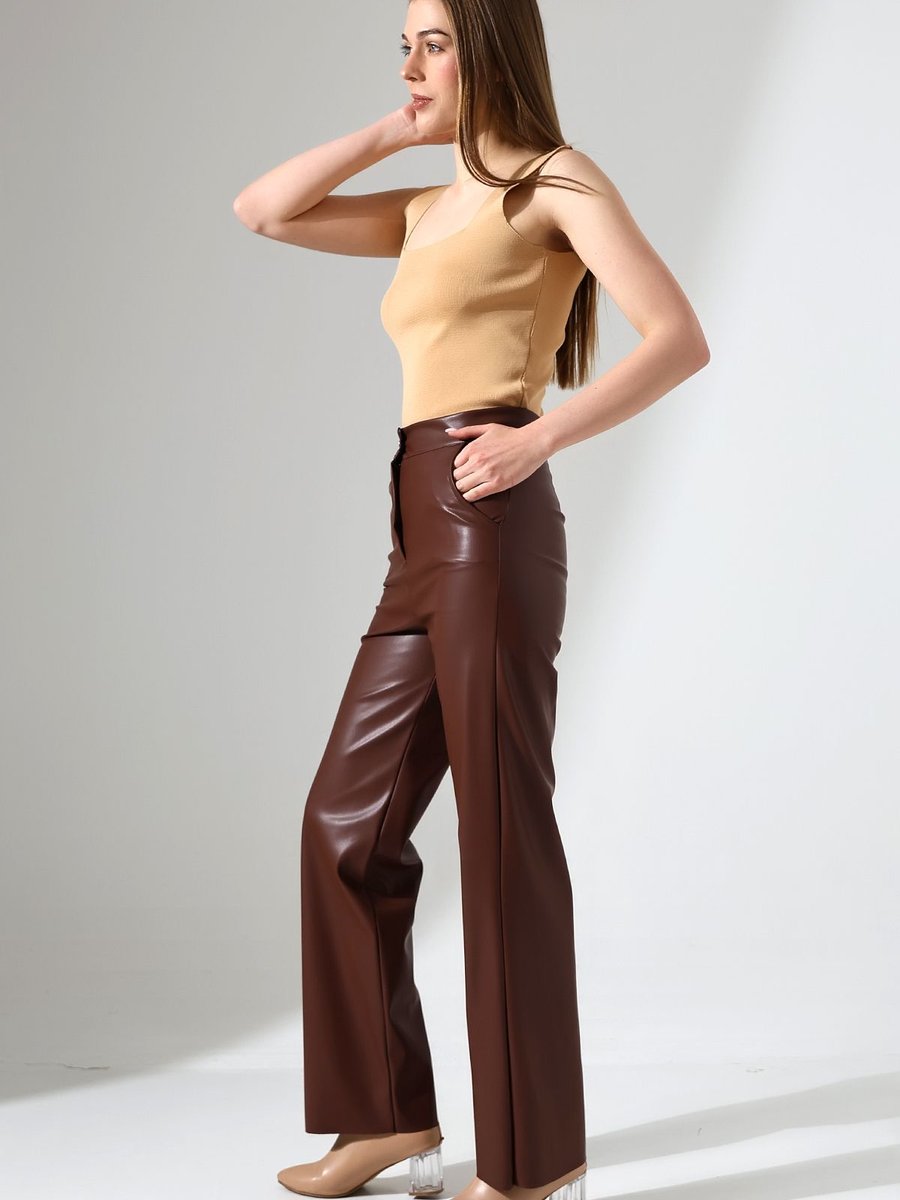 Winmoda Kadın Cepli /bol Paça Deri Pantolon /faux Leather Pants