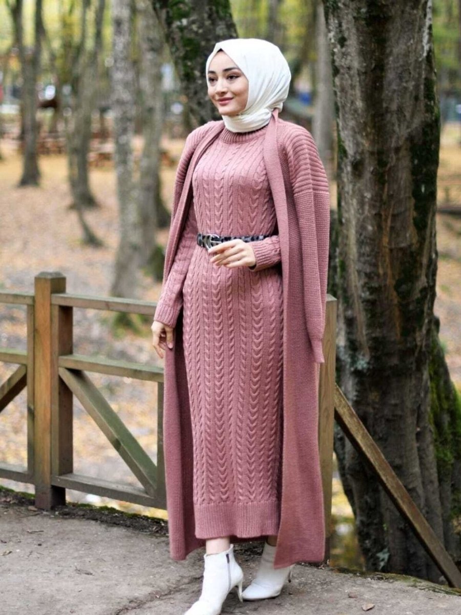 SFG Life Moda Pudra Saç Örgü Desenli Triko Elbise Hırka Takım