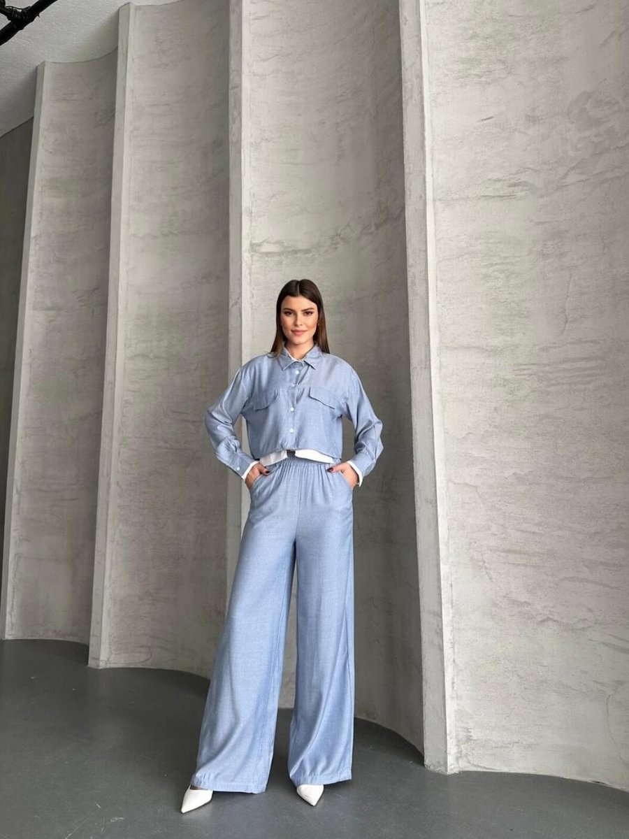 VOLT CLOTHİNG Mavi Cep Detaylı Geniş Paça Crop Gömlek Takım