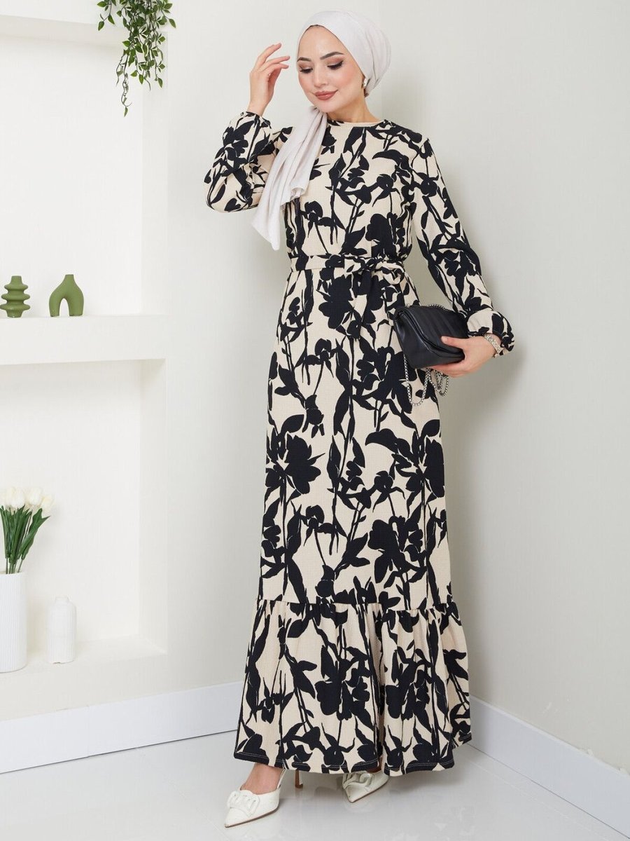 VOLT CLOTHİNG Siyah Çiçek Desenli Kuşaklı Elbise