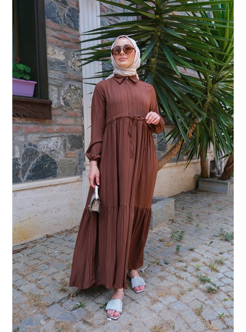 Locco Moda Bel Buzgulu Elbıse Kahverengı