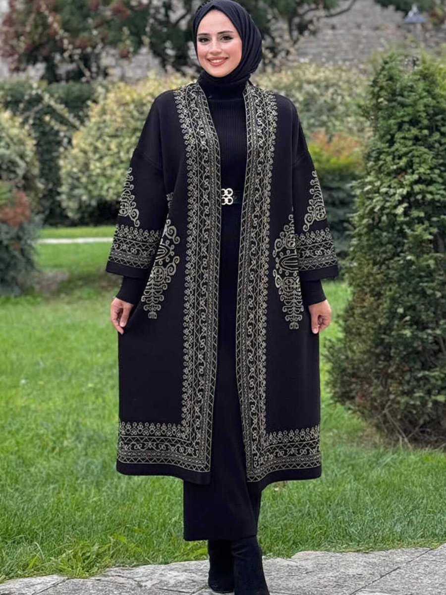 Bym Fashion Simli Etnik Desen İşleme Detaylı Triko Hırka Siyah Gold