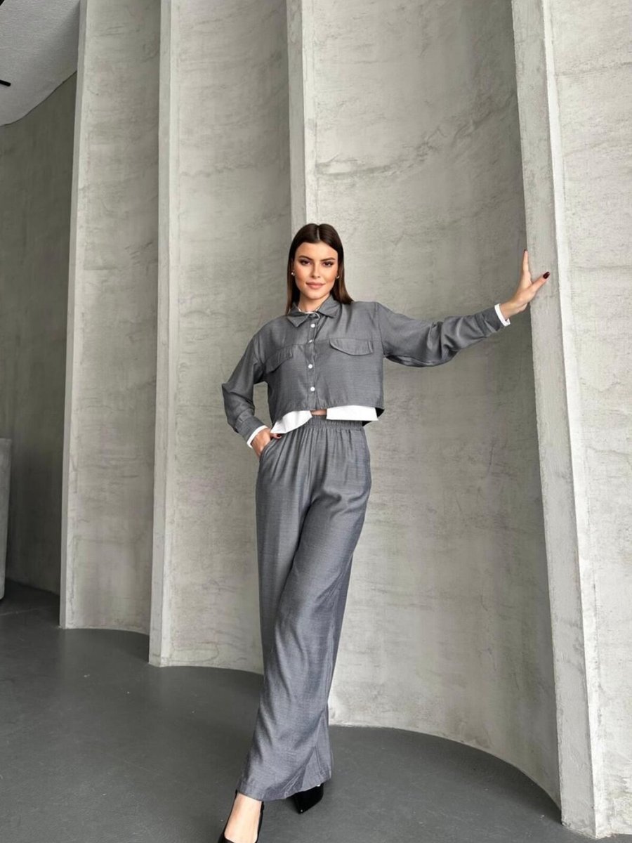 VOLT CLOTHİNG Gri Cep Detaylı Geniş Paça Crop Gömlek Takım
