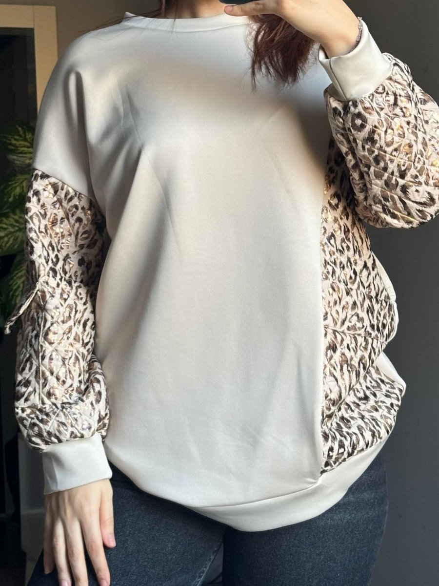 Qenz Leopar Desenli Sweat Krem