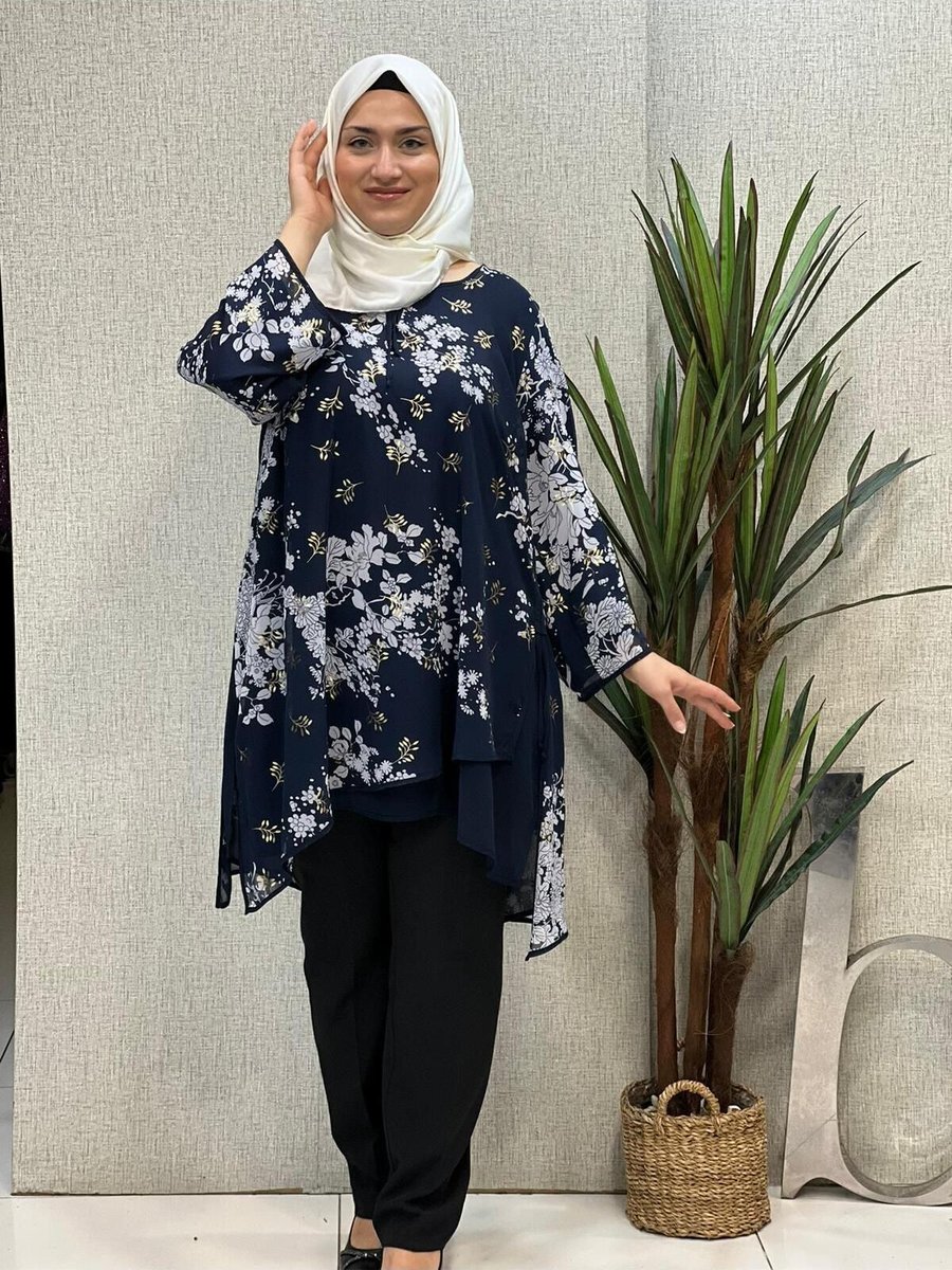 Butik Büyük Beden Desenli Şifon Astarlı Tunik