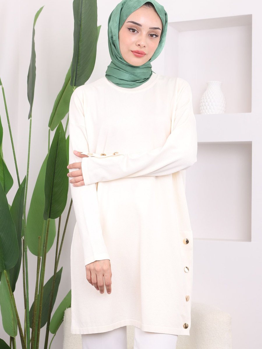 İmajbutik Krem Etek Ucu Düğmeli Soğuk İplik Triko Tunik
