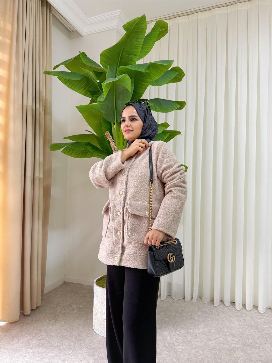 Aselim Hijap Moda Düğmeli Tedy Yumuşak Hırka Ceket Bej