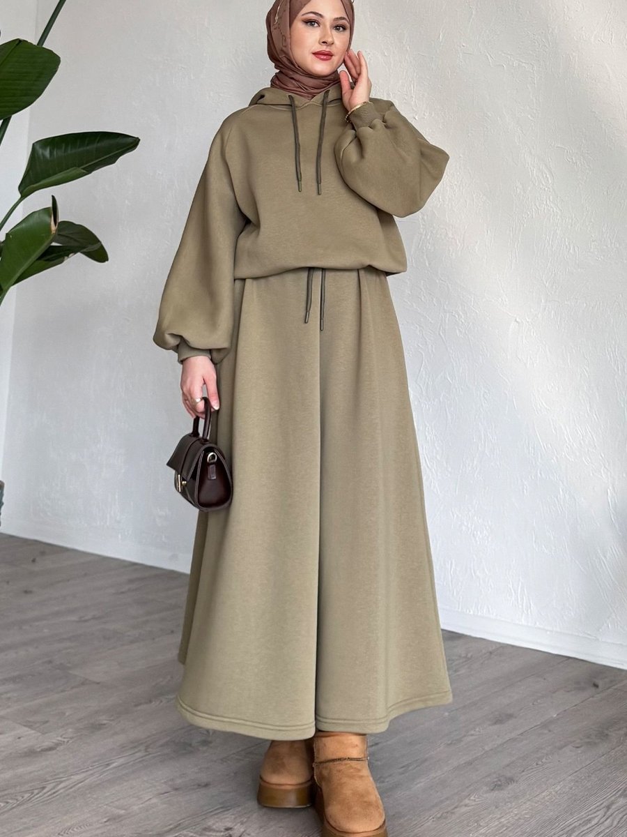 Instyle Balon Kol Sweat Etekli Haki Takım