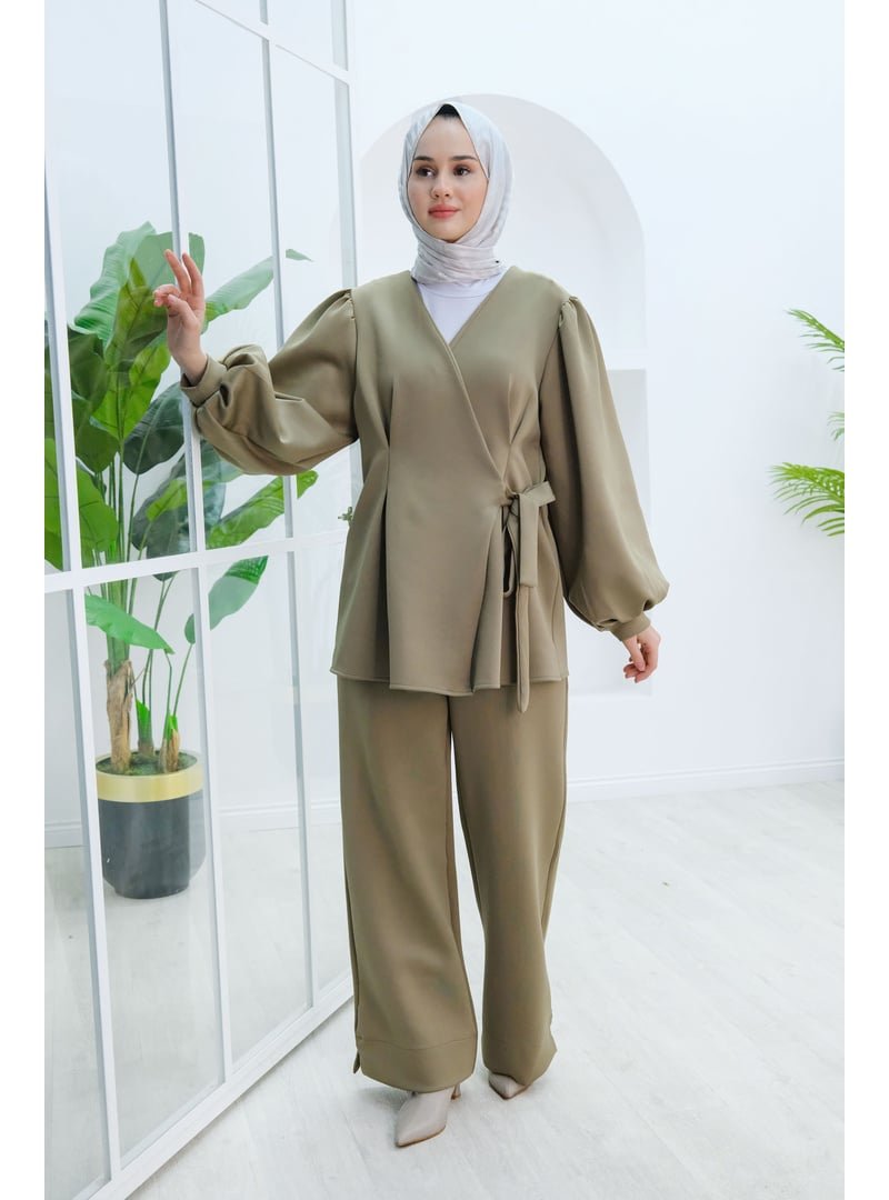 Locco Moda Yeşil Balon Kol Scuba Kimono Takım