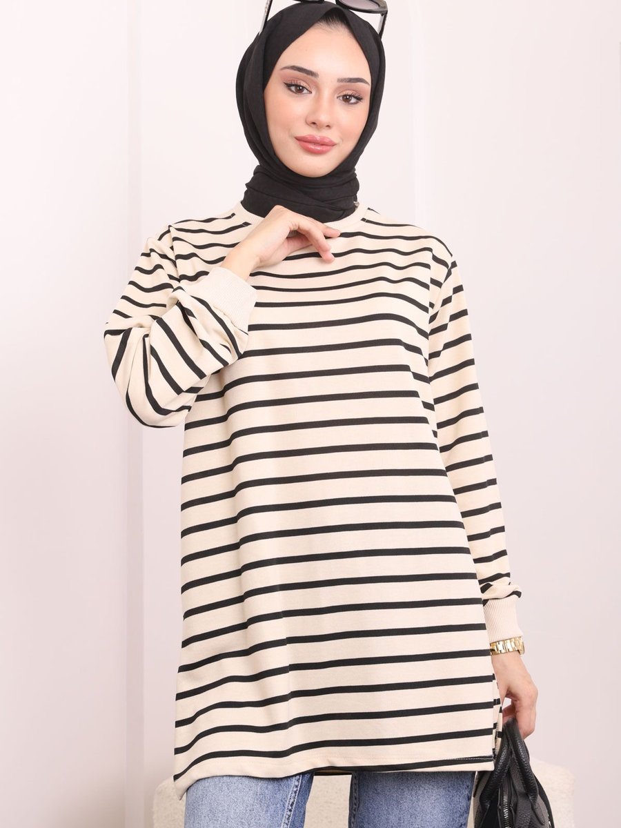 İmajbutik Siyah Bisiklet Yaka Çizgili Tunik