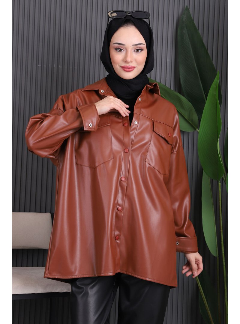 İmaj Butik Taba Çift Cepli Deri Gömlek