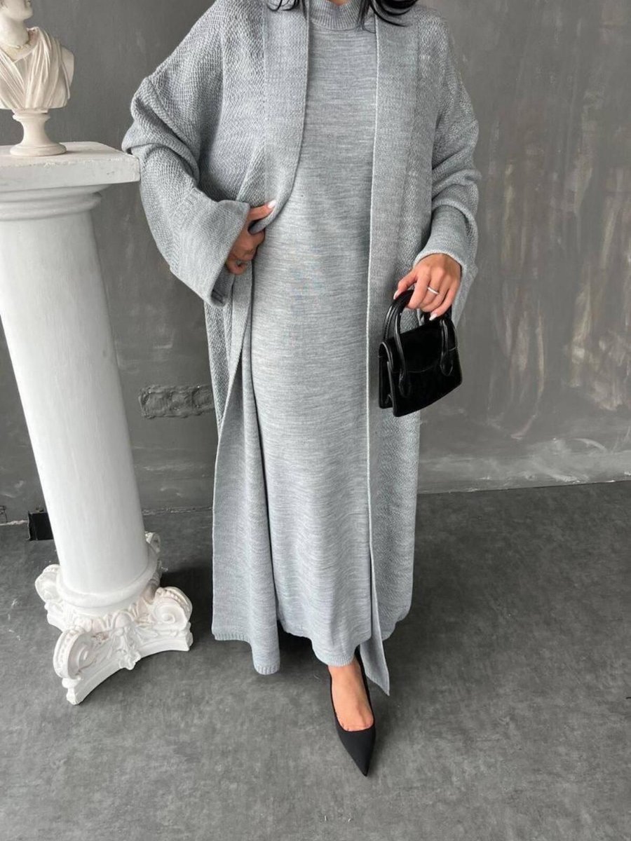 Butik 2'li Uzun Hırkalı Kolsuz Elbiseli Triko Takım