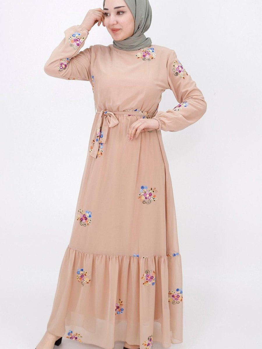 Butik Bej Çiçek Nakışlı Şifon Elbise