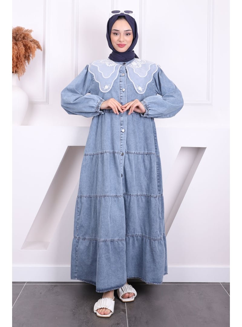 İmaj Butik Mavi Yaka Tüllü Düğmeli Kot Elbise