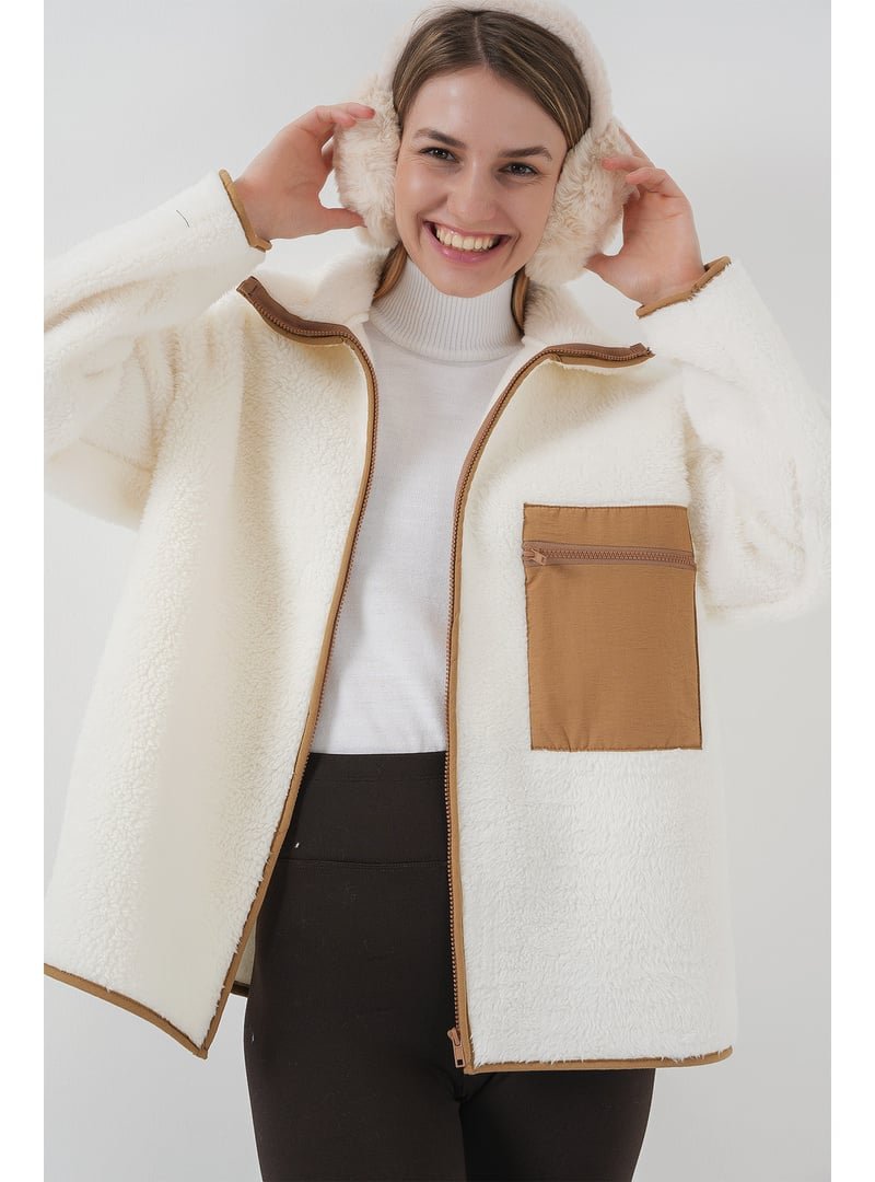 Bigdart Camel Fermuarlı Oversize Peluş Ceket Mont