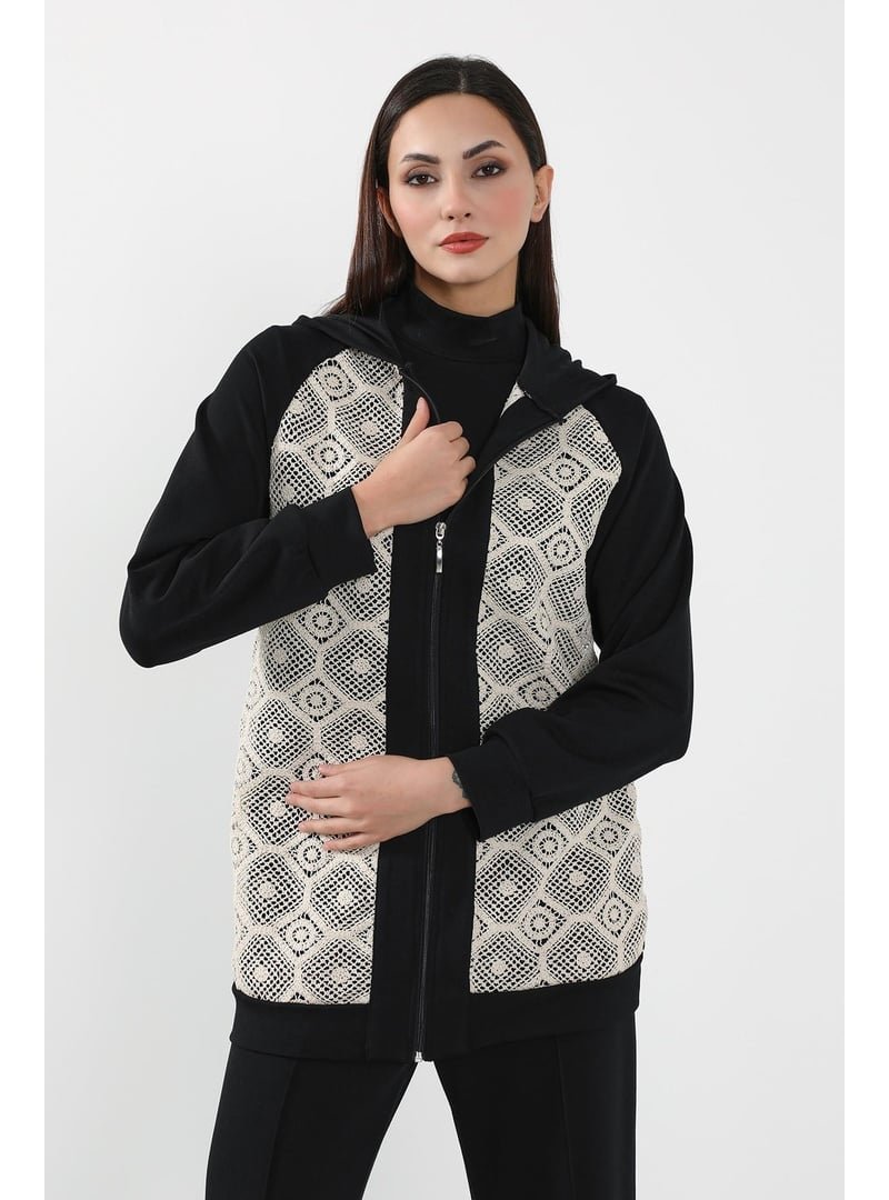 Aisha`s Design Siyah Dantel Detaylı Fermuarlı Kapüşonlu Hırka Swet,sw