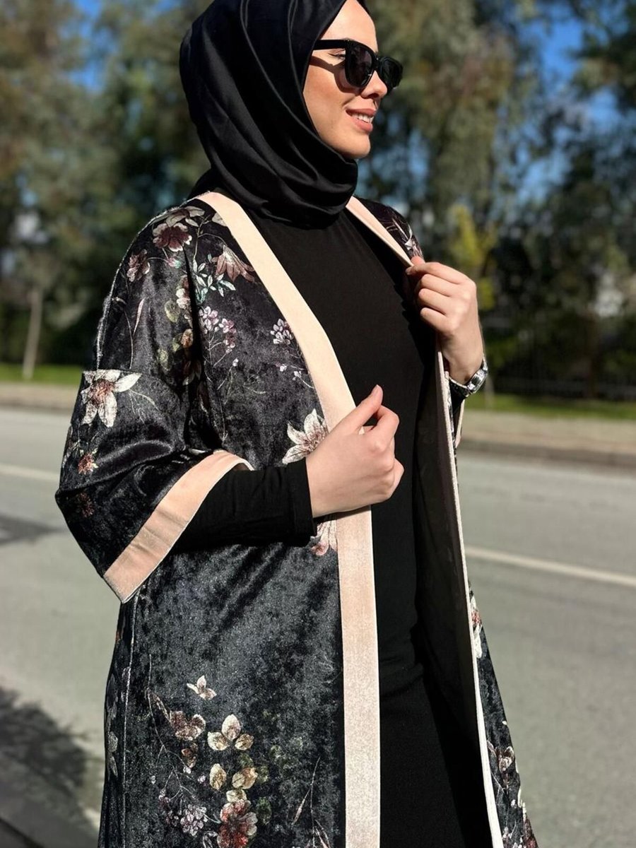 Alvina Çiçek Desenli Kadife Kimono Ceket