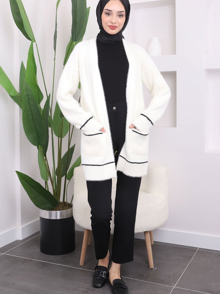 İmajbutik Ekru Gofralı Sim Şeritli Yumoş Triko Hırka