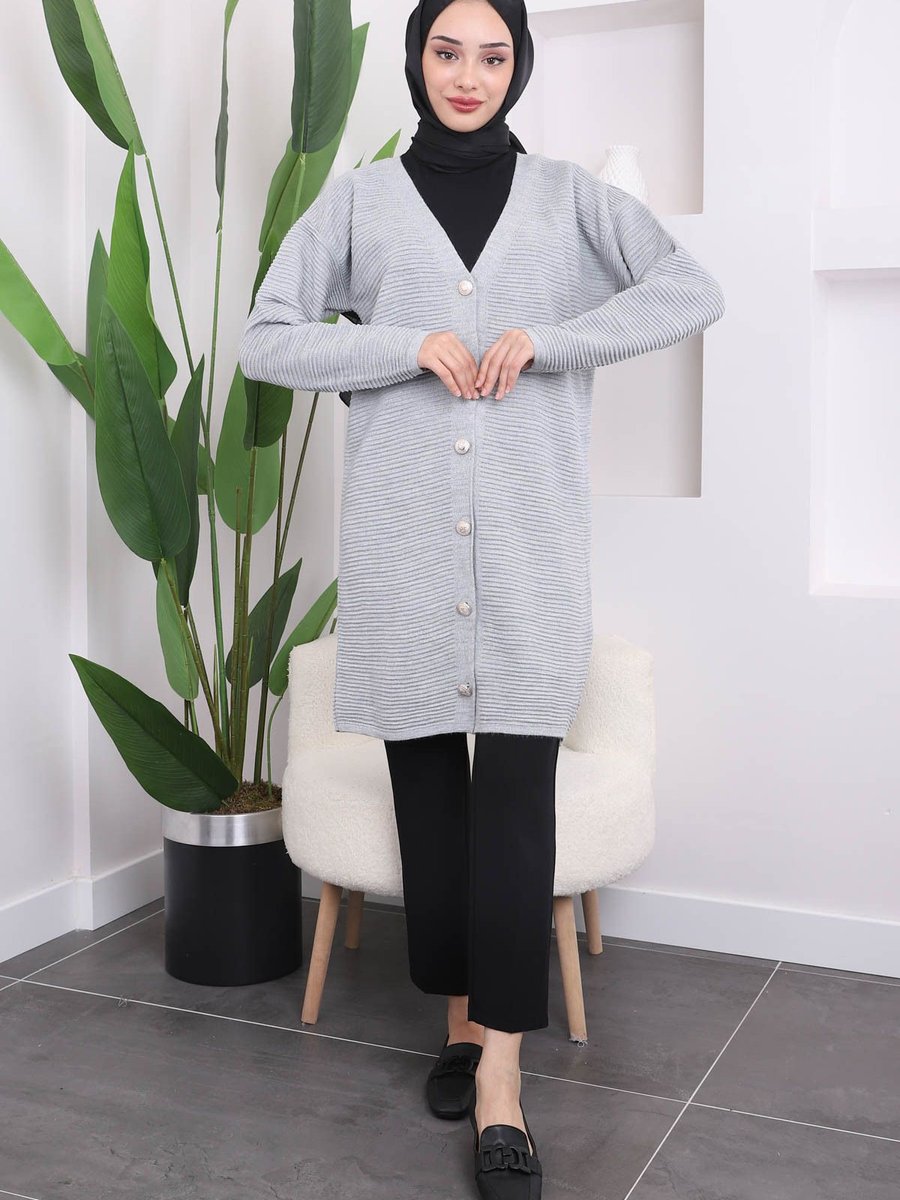 İmajbutik Gri Düğmeli Gofralı Triko Hırka