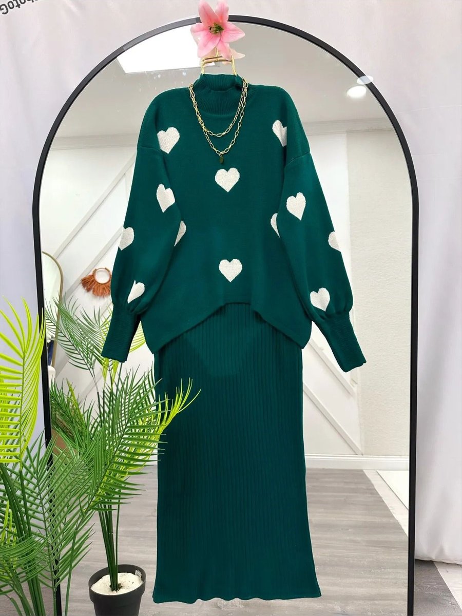 Fh Fashionhere Yeşil Kalpli Triko İkili Takım Elbise