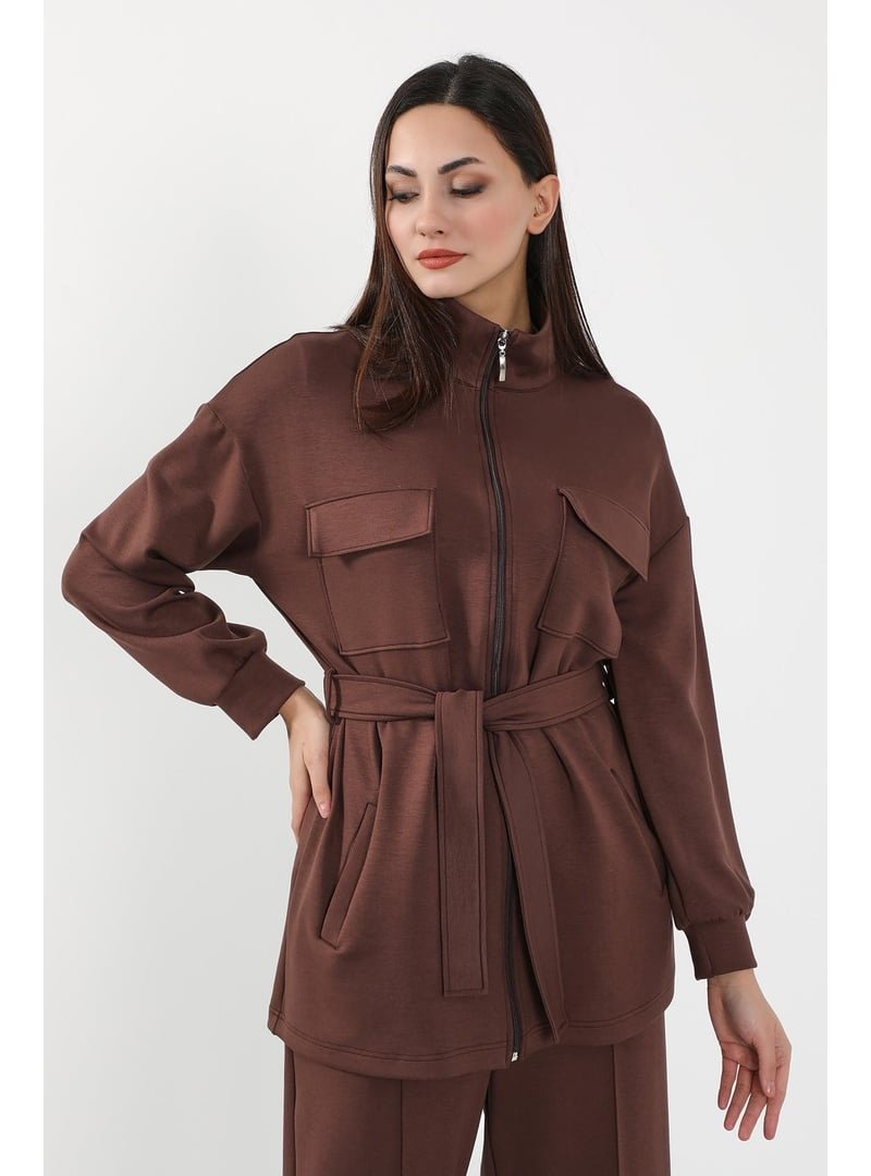 Aisha`s Design Kahverengi Fermuarlı Cepli Swet Ceket,sw