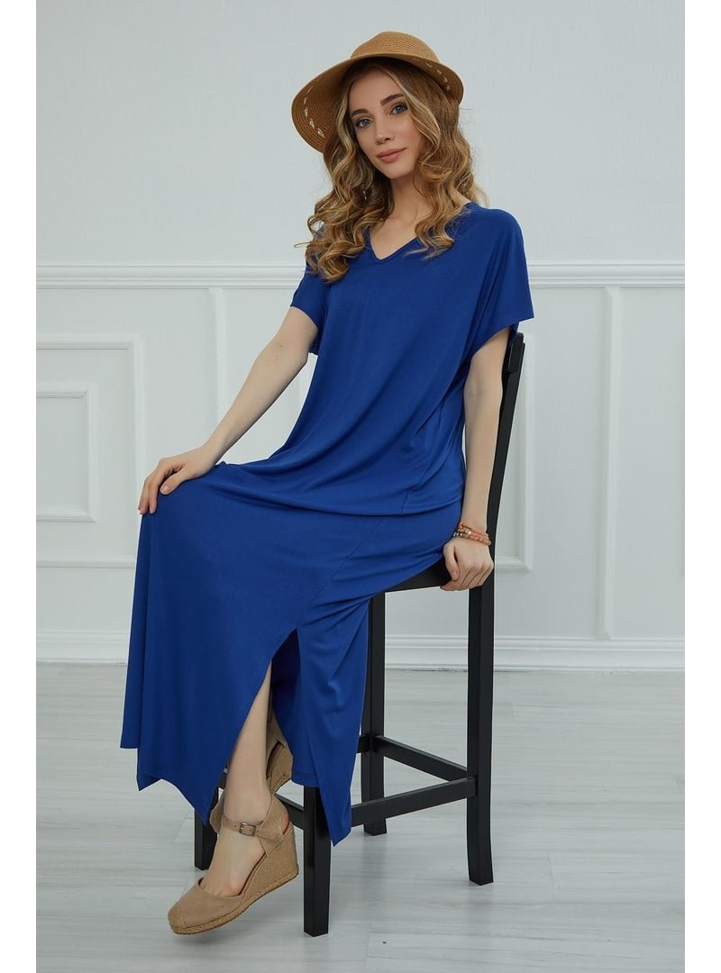 Aisha`s Design Saks Mavisi Yırtmaçlı Penye Elbise,elb