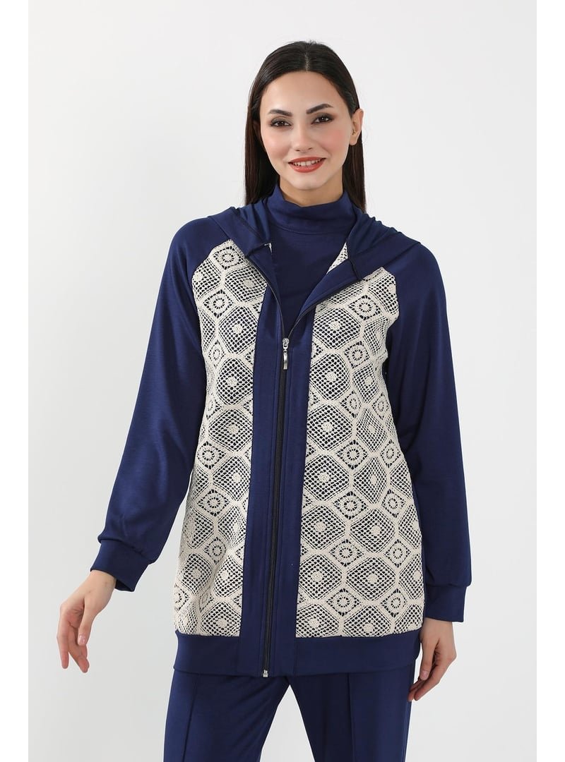 Aisha`s Design Lacivert Dantel Detaylı Fermuarlı Kapüşonlu Hırka Swet,sw
