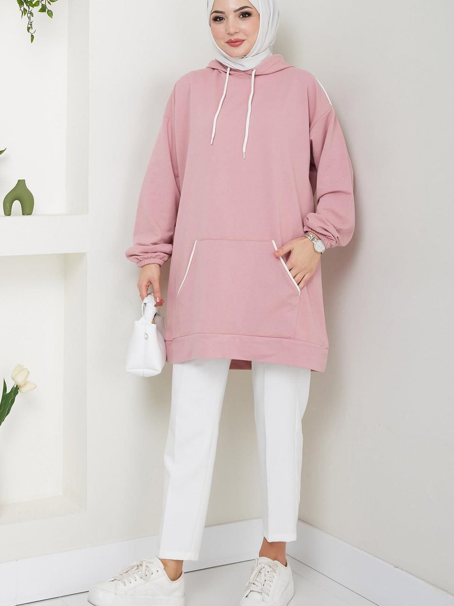 Hafsamina Biye Detaylı Kapüşonlu Kanguru Cepli Sweatshirt Tunik Pembe