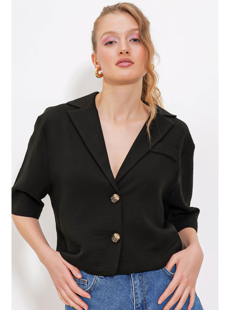 Bigdart Siyah Çift Düğmeli Oversize Crop Keten Ceket