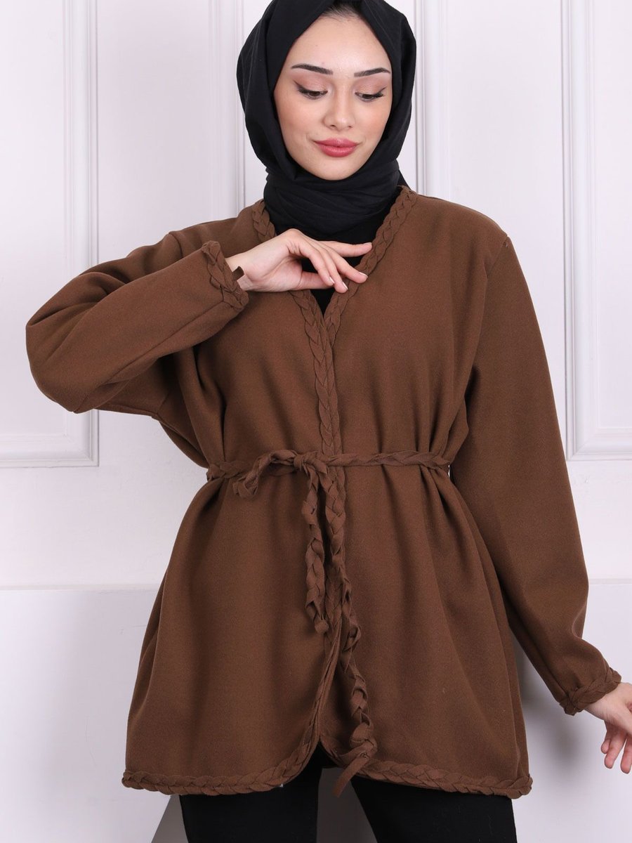 İmajbutik Kahverengi Bel Kuşaklı Saç Örgülü Ceket