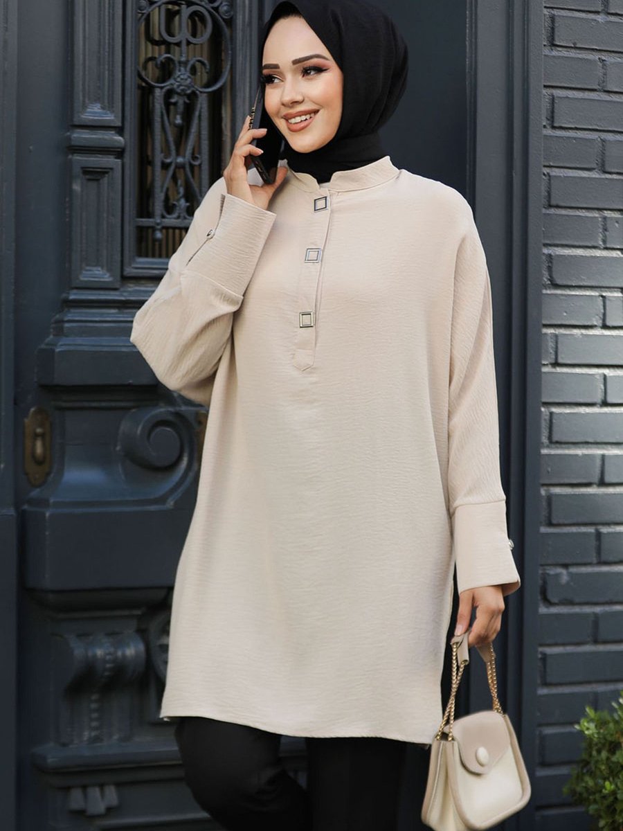 Neva Style Düğme Detaylı Bej Tunik