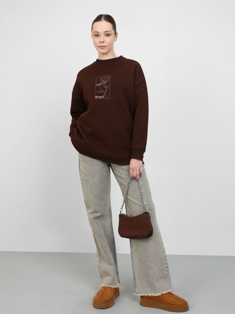 Benin Üç İplik Şardonlu Sweatshirt Acı Kahve