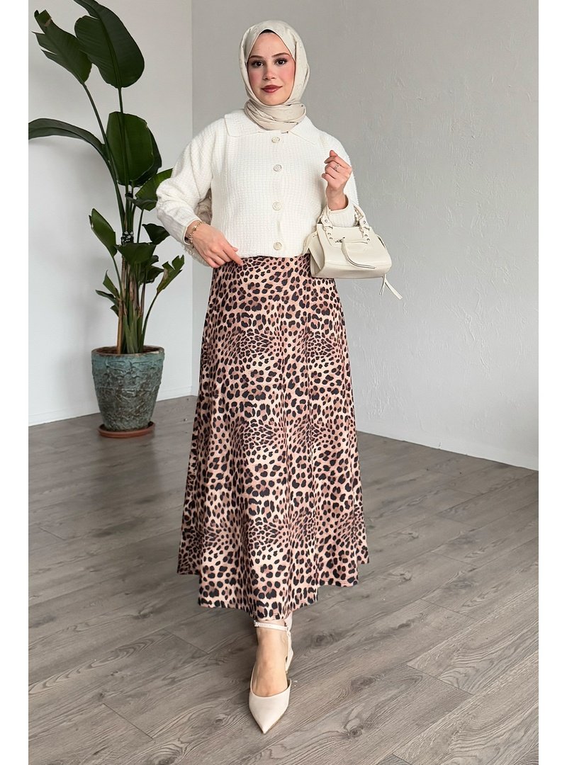 InStyle Leopar Desen Beli Lastikli Bej Etek