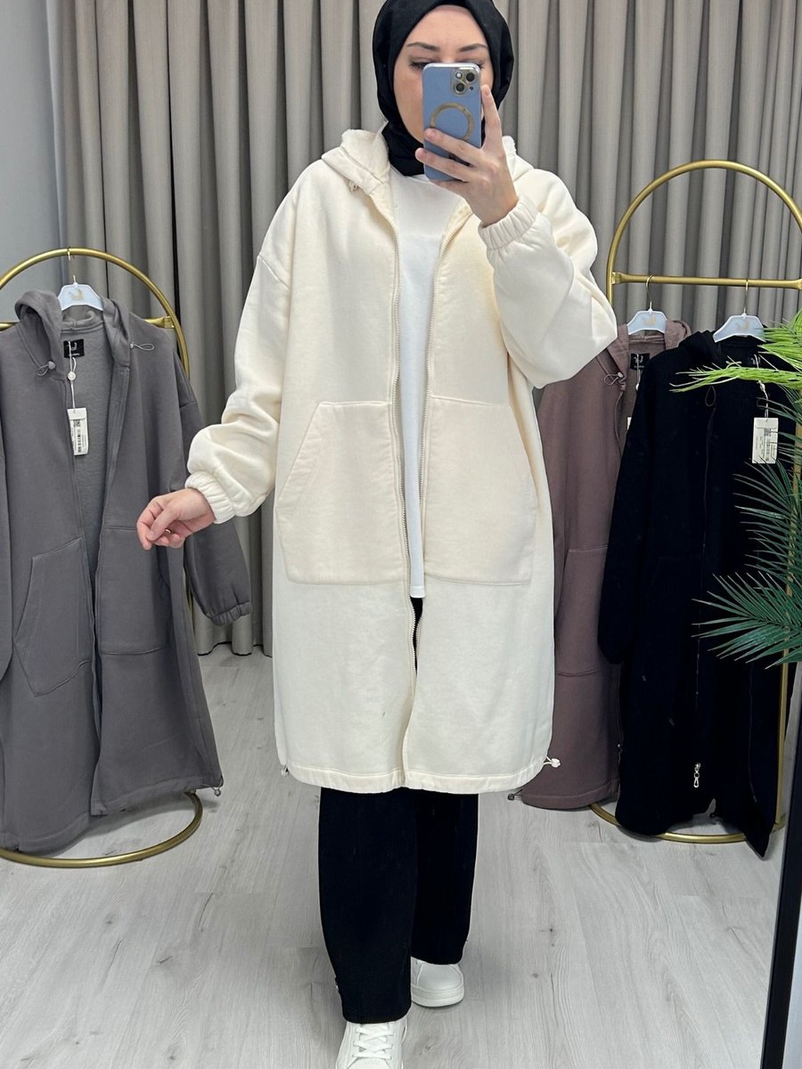 İkoll Kanguru Cepli Oversize Uzun Bomber Hırka