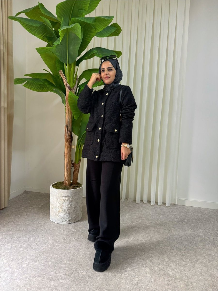 Aselim Hijap Moda Altın Detaylı Siyah Teddy Ceket İkili Takım Zarif Ve Modern