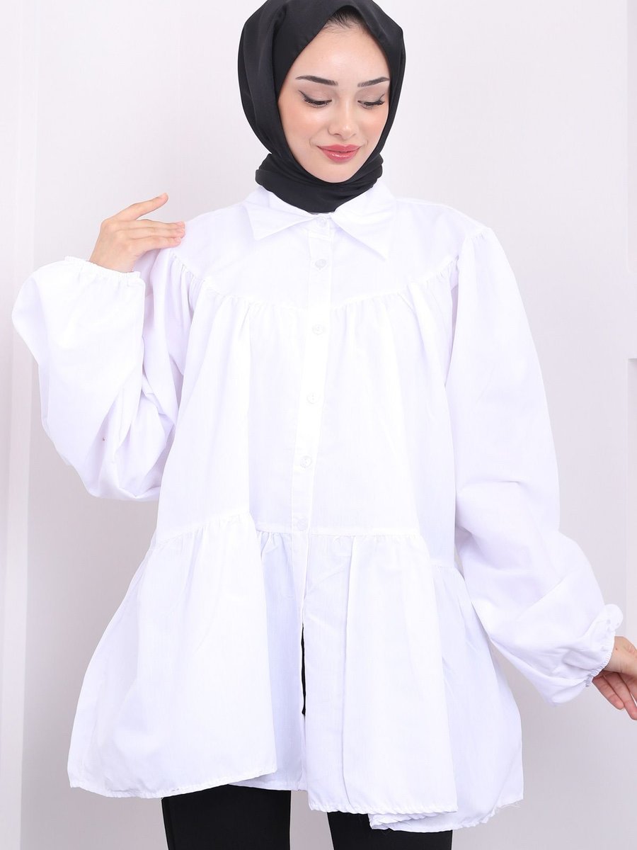 İmajbutik Beyaz Kol Lastikli Katlı Gömlek