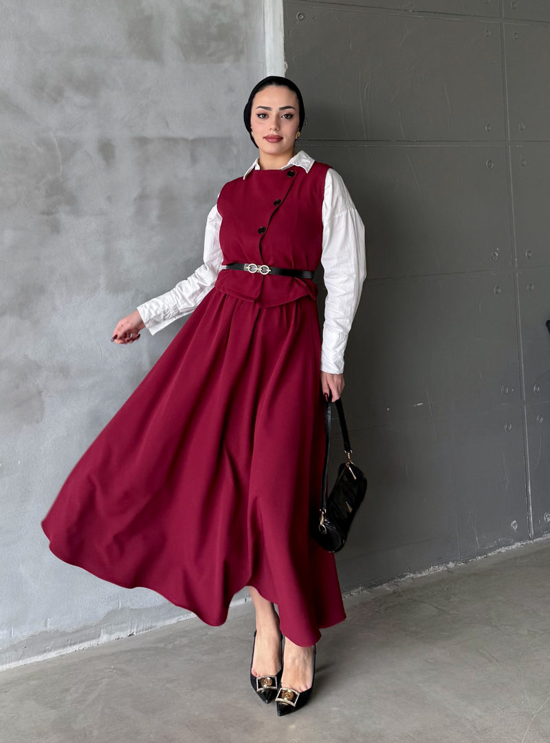 Ensa Tesettür Bordo Melisa Etekli Takım