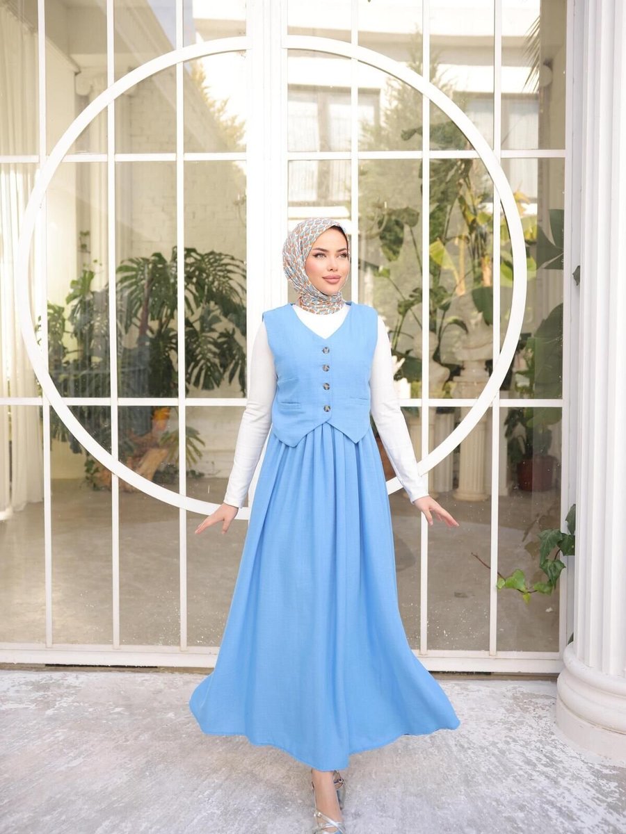 Nergis Neva Butik Mavi Yelekli Etekli Takım