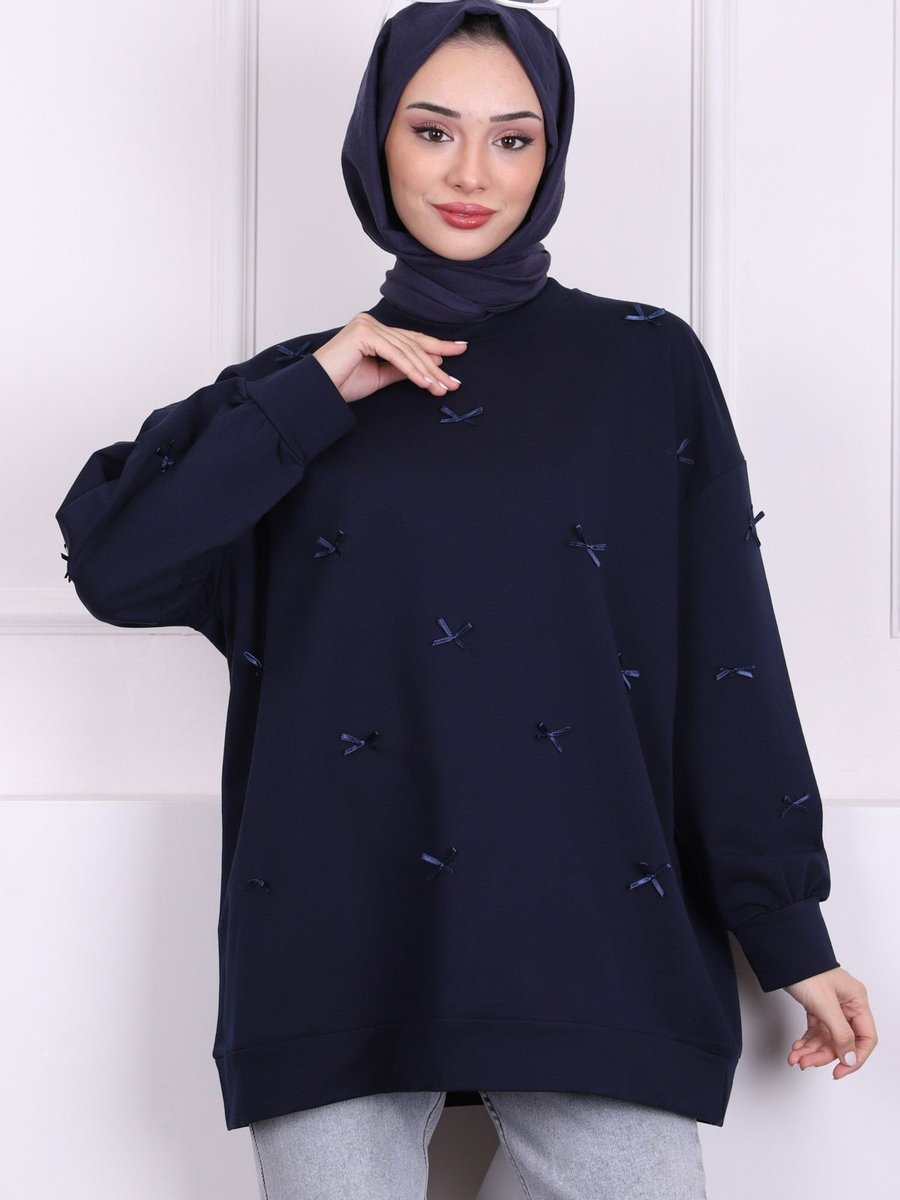 İmajbutik Lacivert Fiyonk Detaylı Modal Sweatshirt