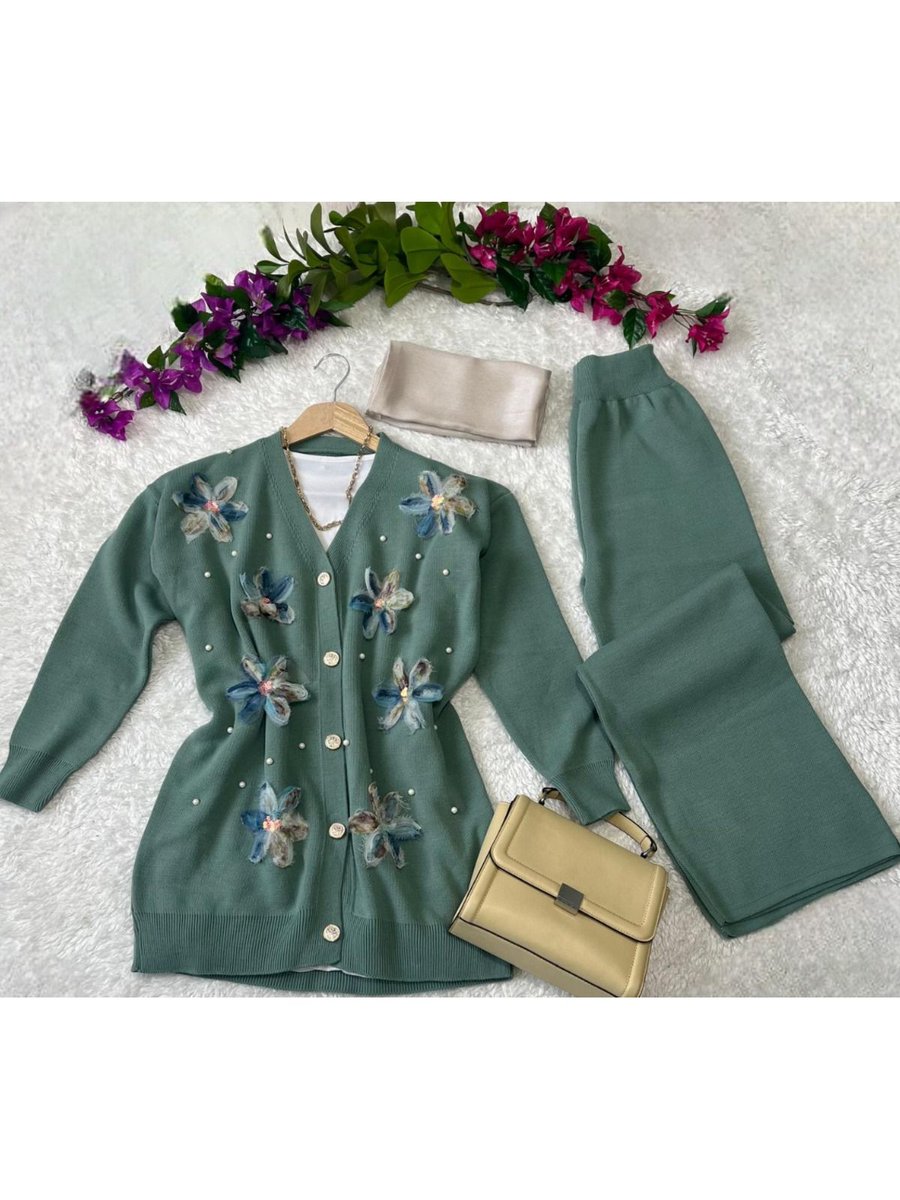 Butik Çiçekli Hırka Pantolon Triko Takım