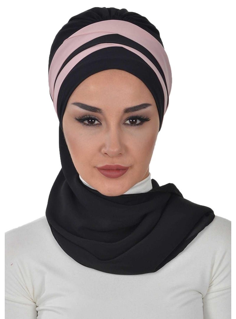 Aisha`s Design Pudra Çapraz Dikim Çift Renkli Fularlı Şifon Hazır Türban,ht Siyah