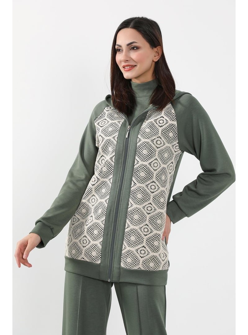 Aisha`s Design Haki Dantel Detaylı Fermuarlı Kapüşonlu Hırka Swet,sw