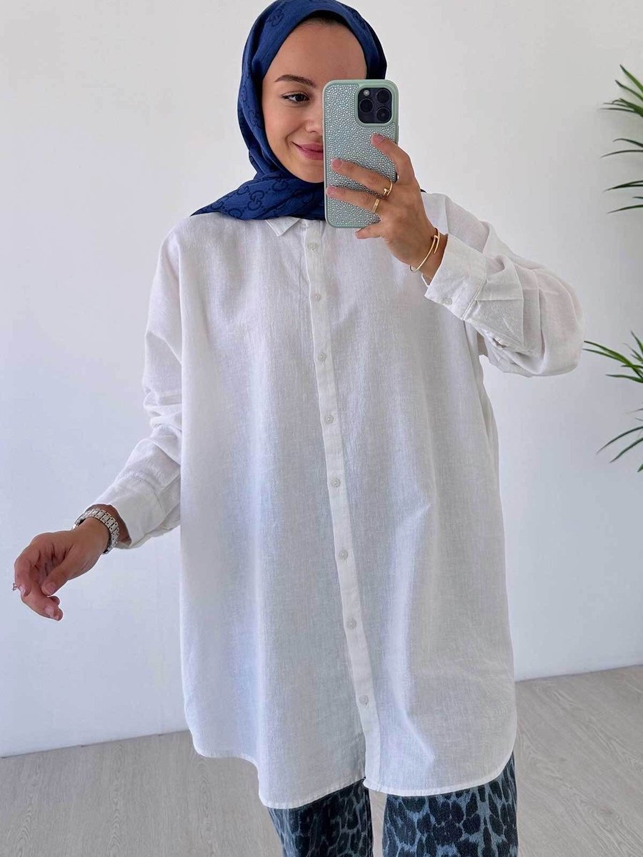 Ka Hijab Oversize Keten Gömlek Beyaz