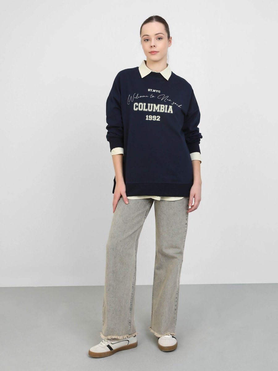 Benin Baskı Detaylı Oversize Sweatshirt Lacivert