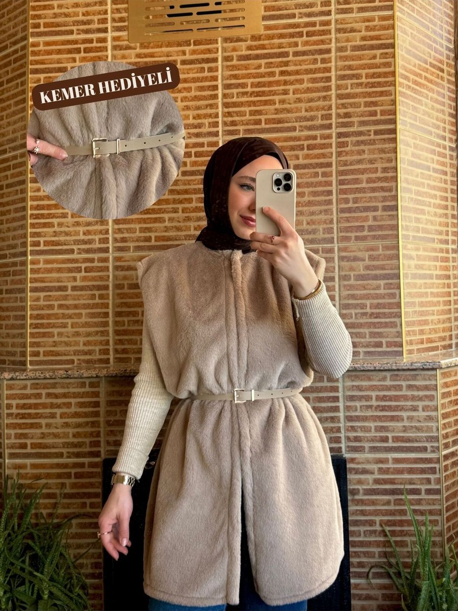 Balamony Bej Peluş Yelek Kemer Hediyeli