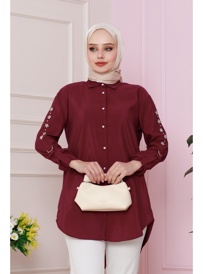 Sevitli Bordo Kolu Çakım Detaylı Tunik