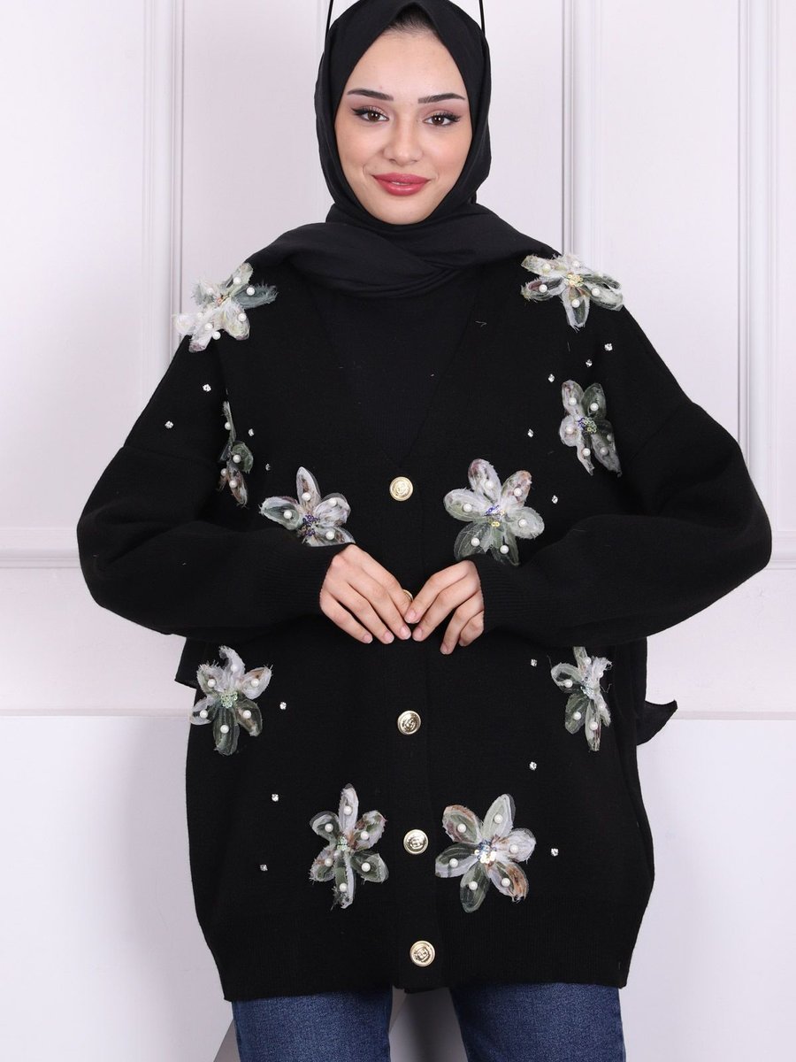 İmajbutik Siyah Çiçek Detaylı Triko Hırka
