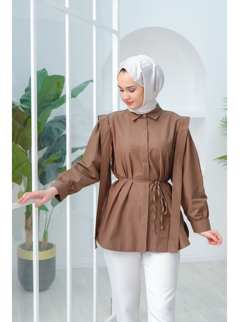 Locco Moda Kahverengi Pile Detay Önü Gizli Düğmeli Gömlek