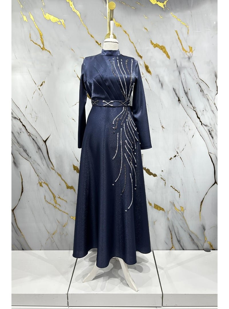Hakimoda Lacivert Burcu Krep Saten Abiye Elbise